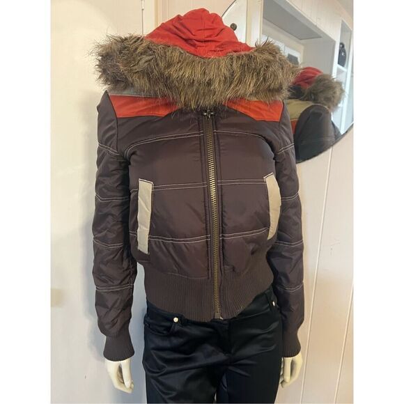 BB Dakota Jackets & Blazers - BB Dakota Womens Small Fur Hooded Jacket Brown Orange Pockets Full Zip Front